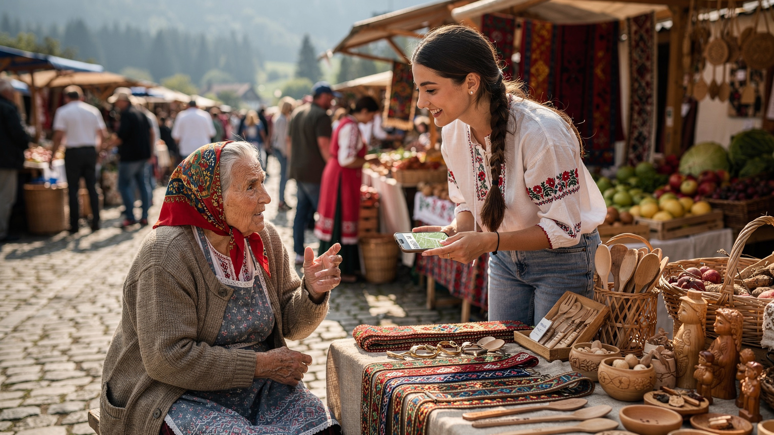 Жінка посміхається, спілкуючись з літньою українською бабусею, яка продає вироби на карпатському ринку, тримаючи смартфон з відкритою картою.