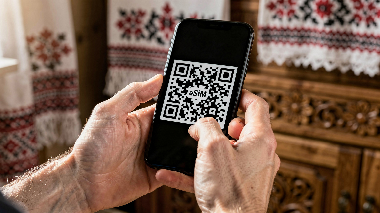 Крупний план рук, що тримають смартфон з QR-кодом для активації eSIM, на тлі розмитого етнічного українського інтер'єру з вишитими рушниками.