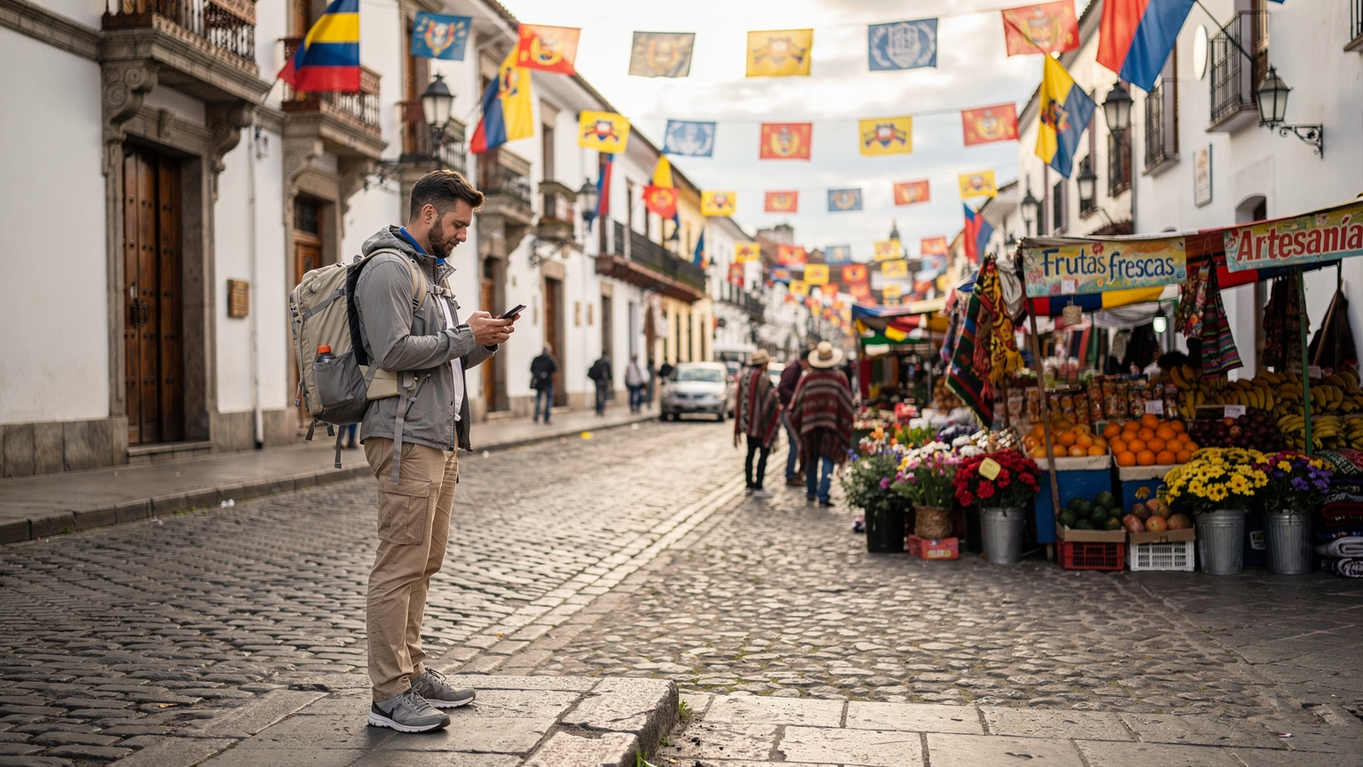 Un viajero consulta su móvil para encontrar la ubicación de un evento de Fiestas Patrias, con edificios históricos y decoraciones festivas de fondo.