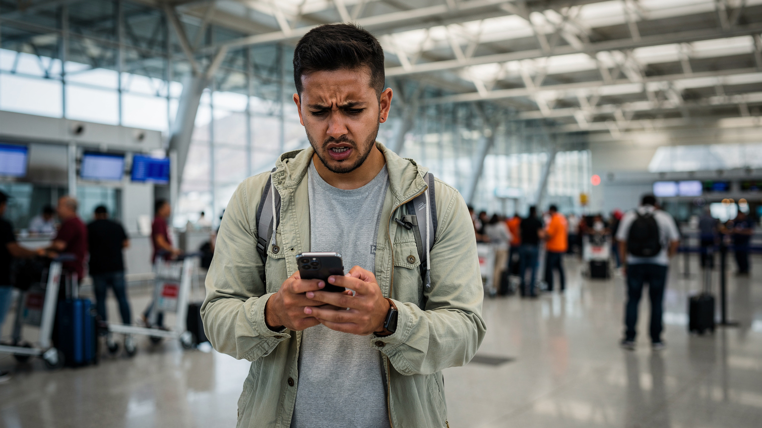 Un viajero consulta su móvil con expresión de preocupación, quizás por una mala conexión, en un aeropuerto concurrido de Latinoamérica.