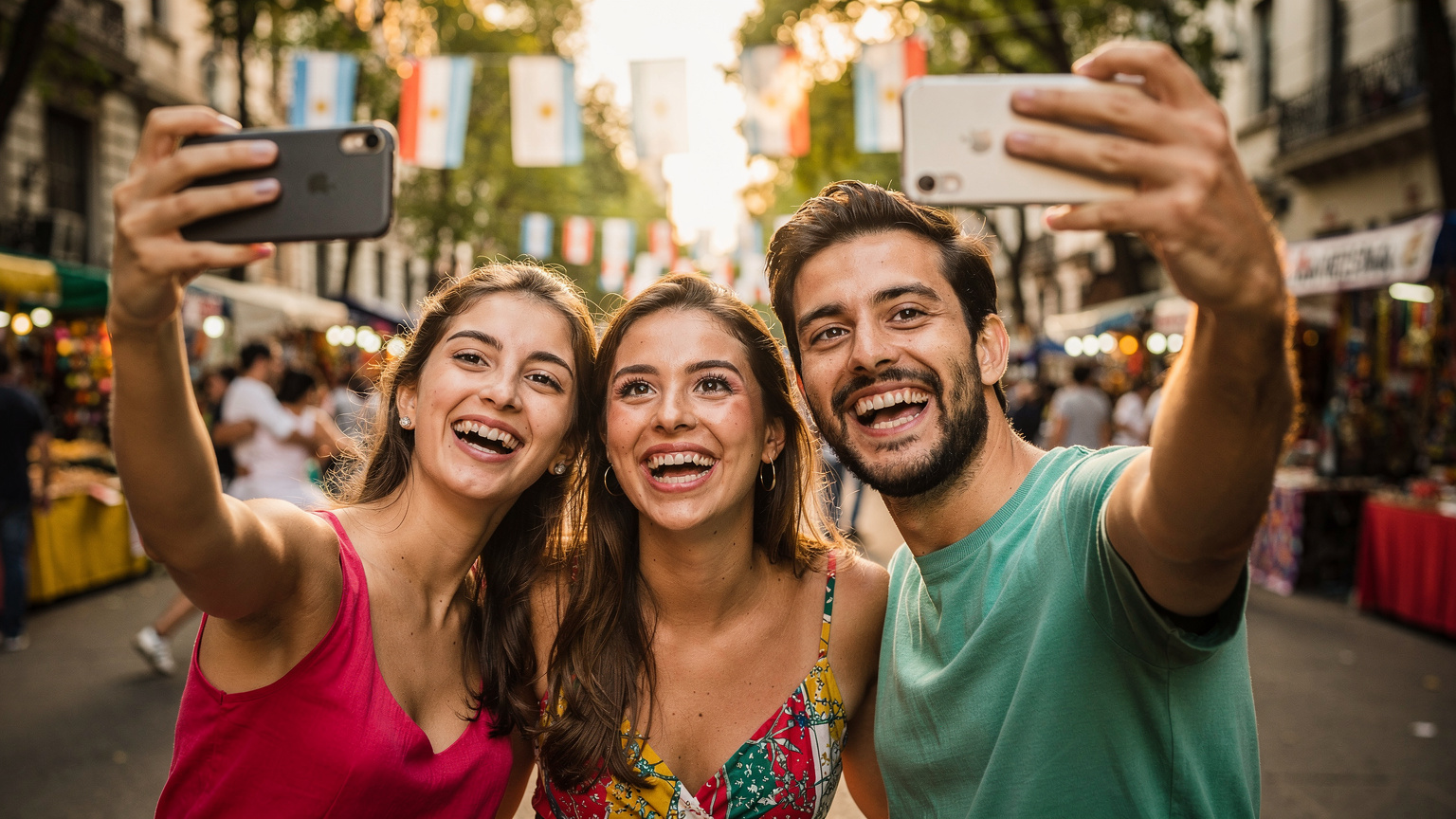 Un grupo de amigos sonríe, tomando una selfie en medio de una celebración callejera de Fiestas Patrias en el barrio de Palermo, Buenos Aires.