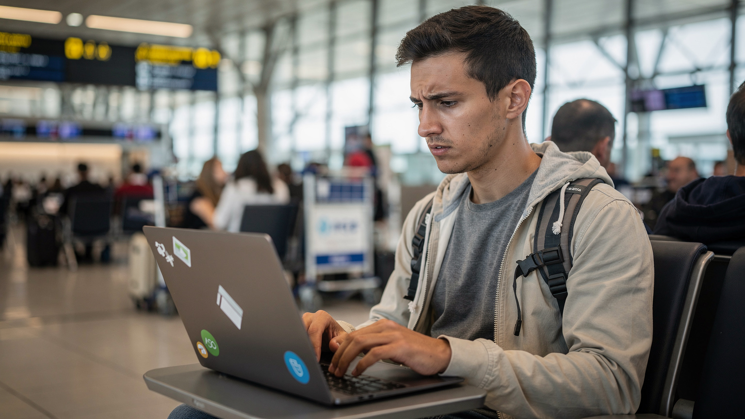 A traveler looking frustrated at their laptop screen in a bustling airport terminal in Rome, Italy, surrounded by luggage, while trying to connect to a slow public Wi-Fi network.