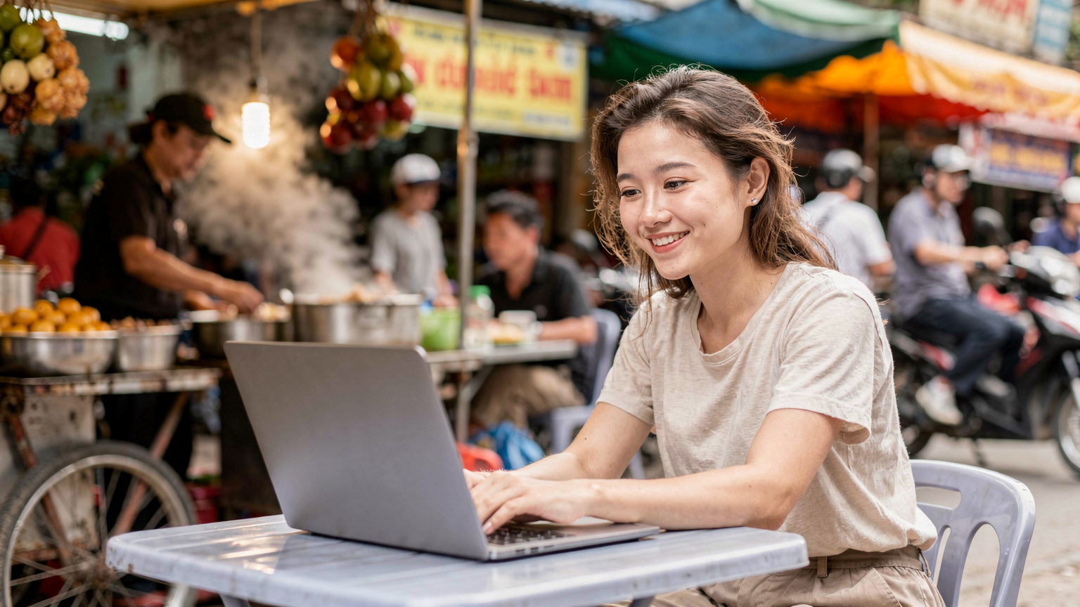 A traveler in a bustling food market in Hanoi, Vietnam, looking at their laptop with a relieved smile, having successfully troubleshot an eSIM connection issue and now connected to the internet.