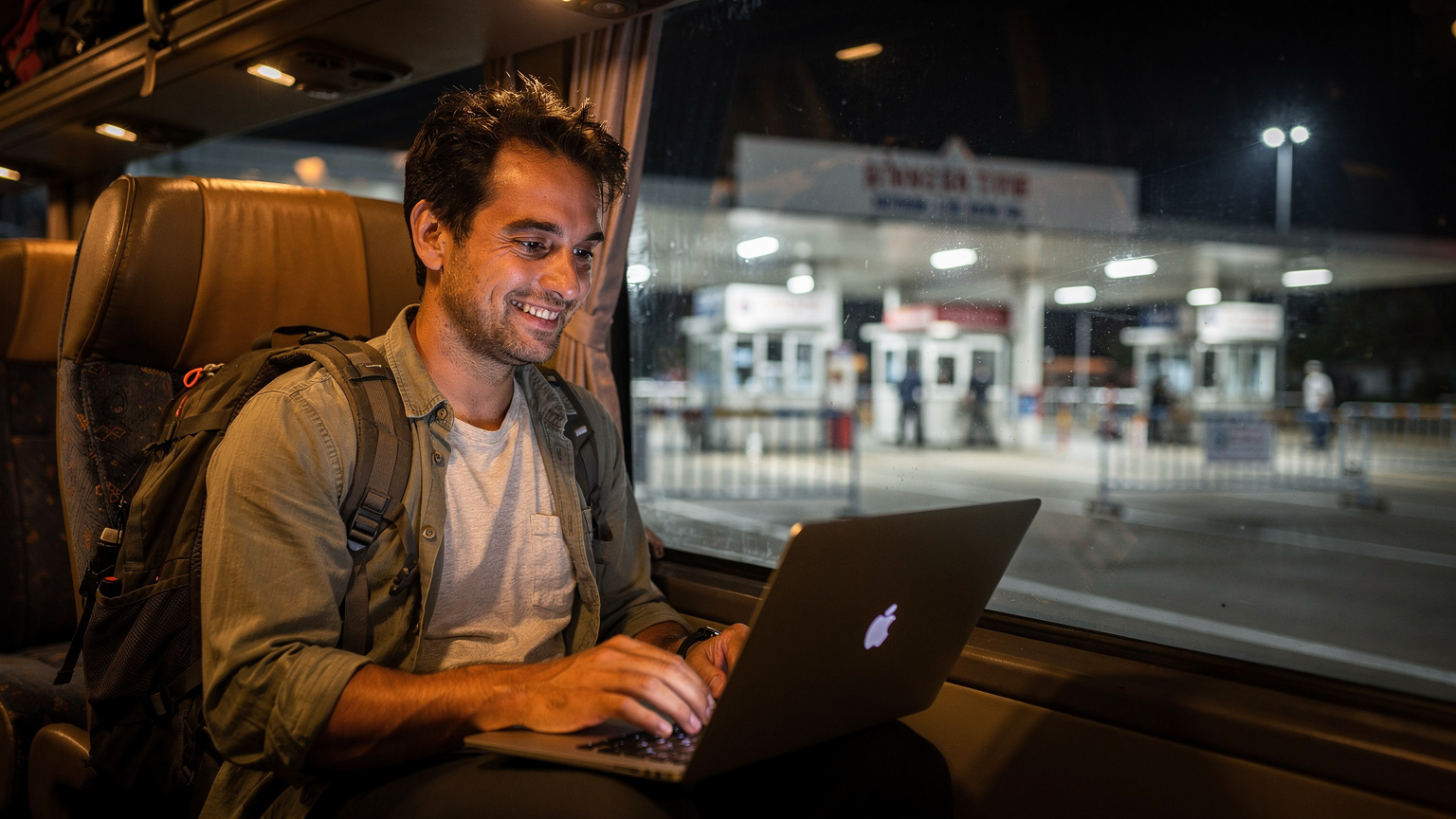 A backpacker sitting on a night bus crossing an international border, looking at their laptop with a satisfied expression as the network icon shows full signal, with a blurred view of a border checkpoint in the background.