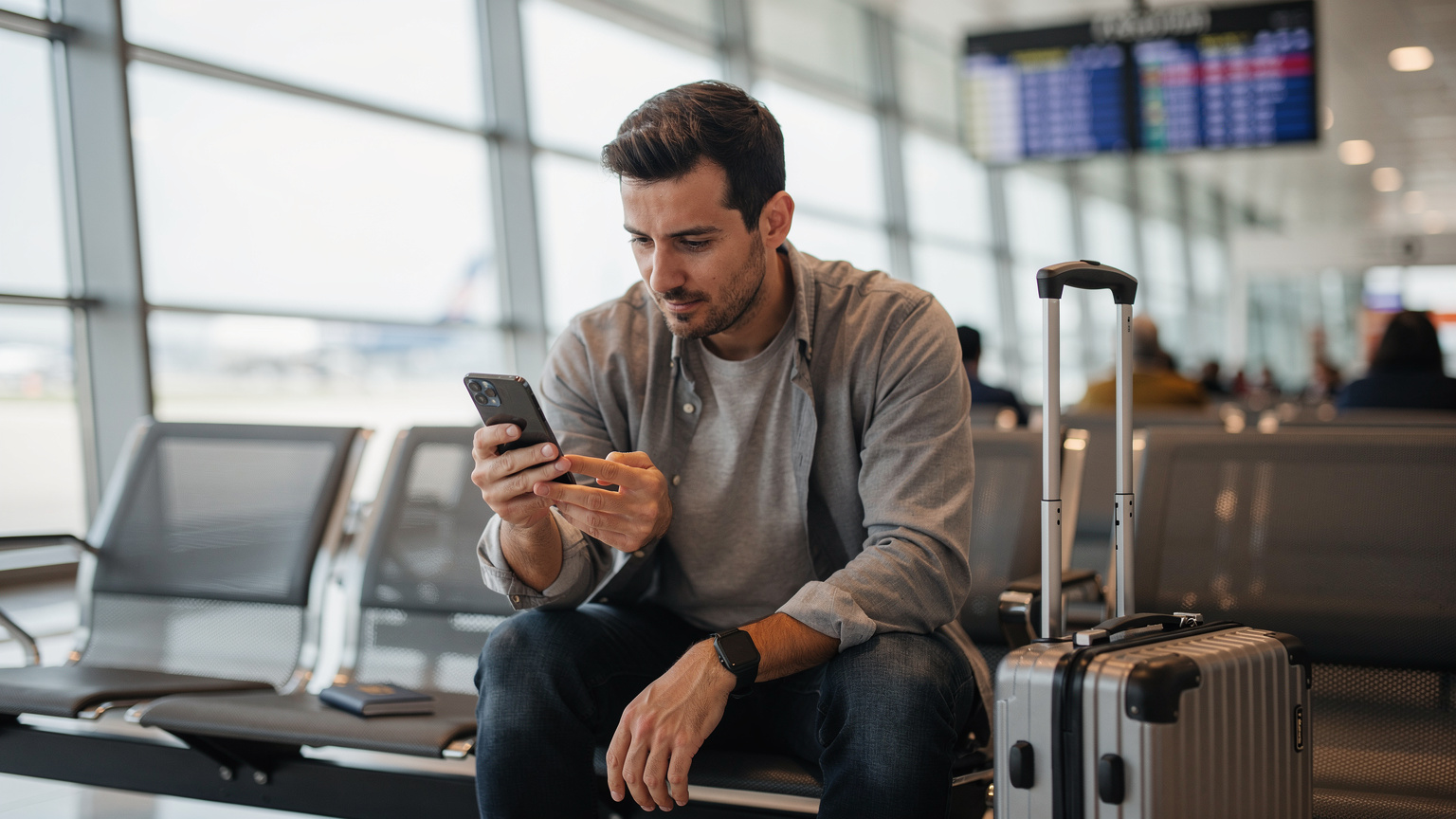 Un viajero activa su eSIM escaneando un código QR en el aeropuerto, con su pasaporte y una maleta a un lado.