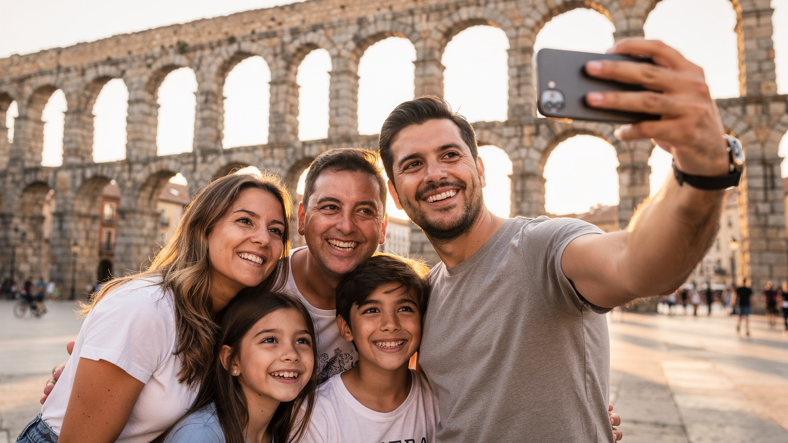 Una familia latinoamericana sonríe y posa para una selfie frente al Acueducto de Segovia, mientras el padre sostiene el teléfono para la foto. Se notan los detalles arquitectónicos y la luz del atardecer.