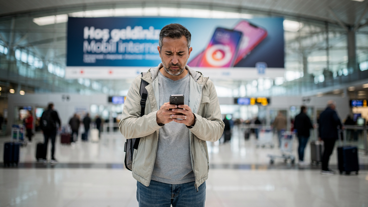 Мужчина в аэропорту Стамбула (IST) пытается подключиться к Wi-Fi, на его лице легкое разочарование, рядом висит баннер турецкого сотового оператора.