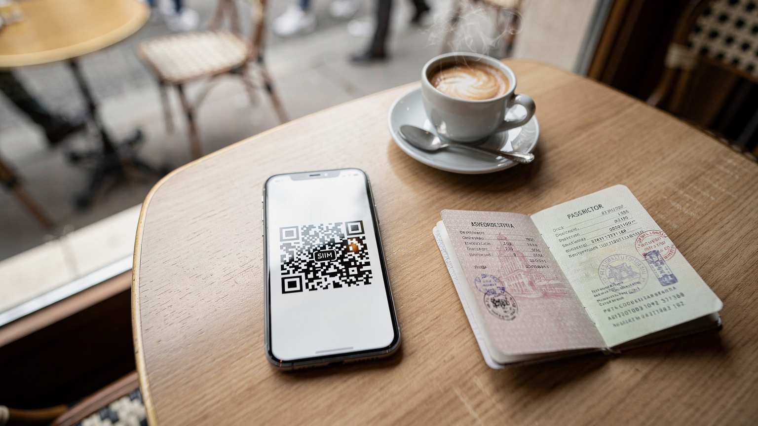 Un téléphone affichant un code QR d'activation d'eSIM, posé sur une table en bois clair avec un passeport italien ouvert et une tasse de café fumante, dans un café parisien typique avec des passants en arrière-plan.