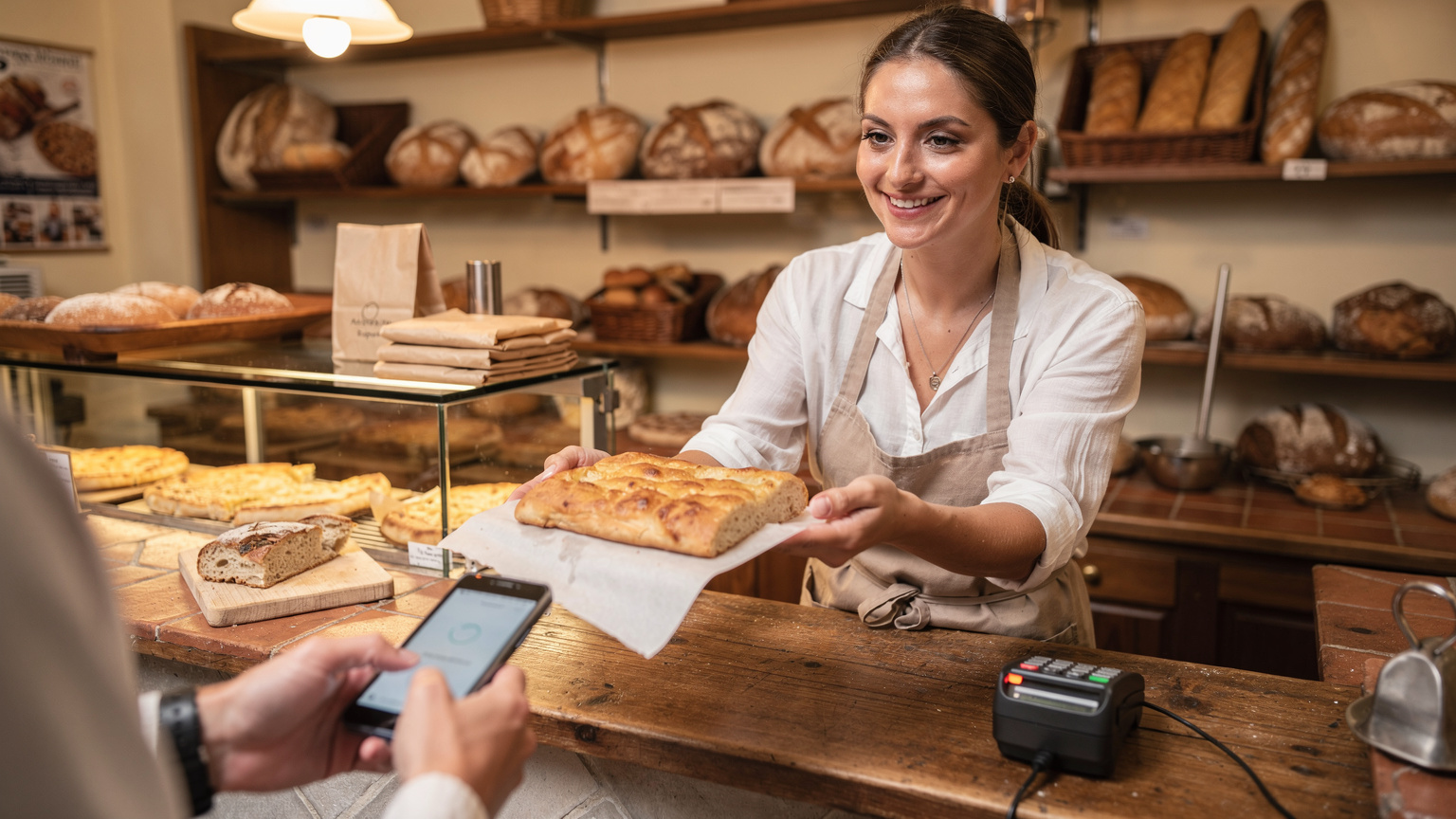 Une vendeuse souriante dans une petite boulangerie artisanale à Milan, tendant une focaccia à un client qui paie avec son téléphone via une application, le tout dans une ambiance chaleureuse et lumineuse.