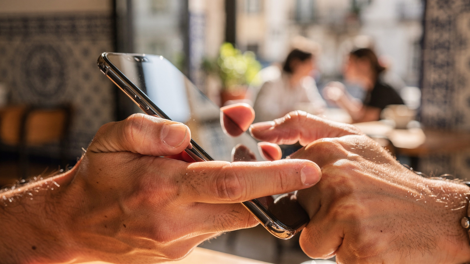 Gros plan sur les mains d'une personne tenant un smartphone, l'index tapant sur l'écran pour confirmer l'activation d'un profil eSIM, avec un léger flou en arrière-plan montrant un café bondé à Lisbonne.