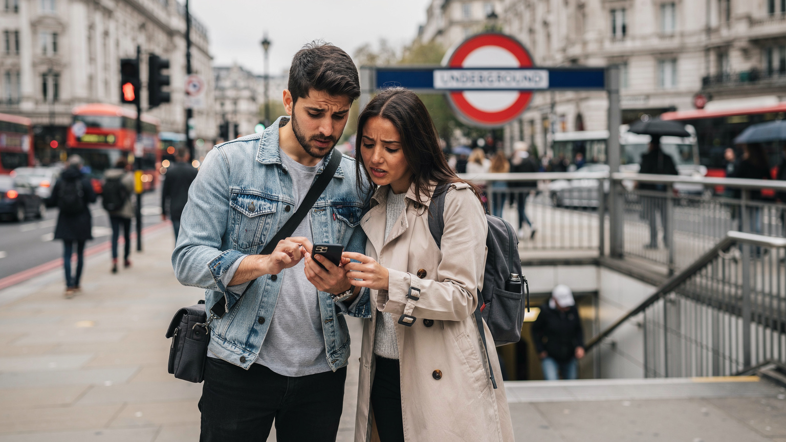 Un couple de touristes italiens, l'air un peu perdu, regarde son téléphone avec une carte affichée, debout devant une station de métro animée à Londres, avec des passants pressés en arrière-plan.