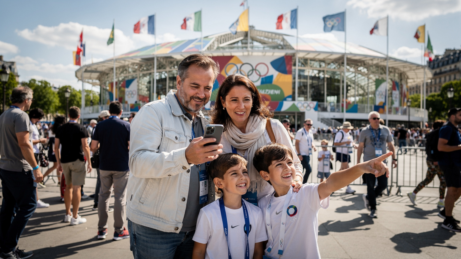 Une famille consultant un plan numérique sur un smartphone au milieu d'une foule joyeuse devant le Grand Palais éphémère à Paris, avec les drapeaux olympiques flottant en arrière-plan, symbolisant la navigation facile même dans les lieux des Jeux.