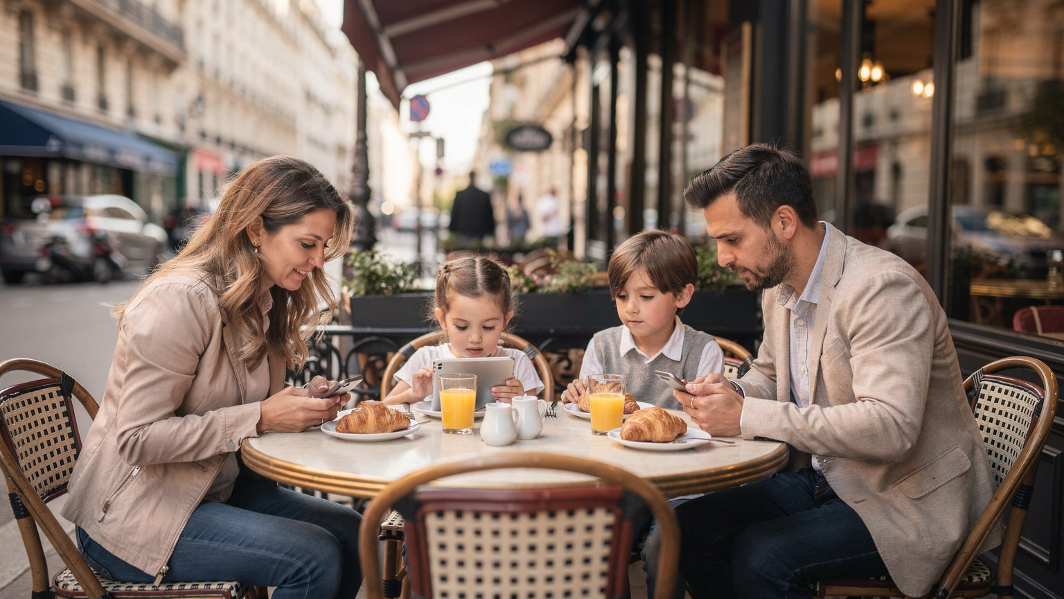 Une famille avec deux enfants, un garçon et une fille, assis à une table de café parisien, chacun utilisant un appareil électronique (smartphone, tablette), avec des croissants et des jus de fruits sur la table, illustrant une utilisation harmonieuse des écrans en voyage.