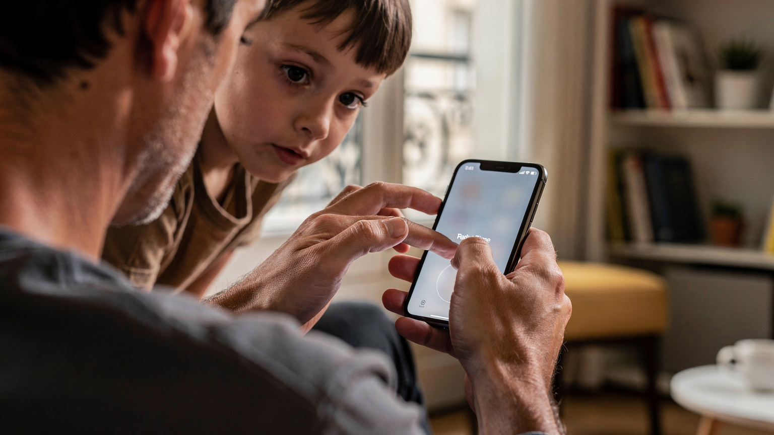 Une main d'adulte tenant un smartphone et configurant les paramètres de "Temps d'écran" ou de contrôle parental, avec un enfant (environ 8 ans) curieux qui regarde par-dessus l'épaule de l'adulte, dans un intérieur parisien chaleureux.