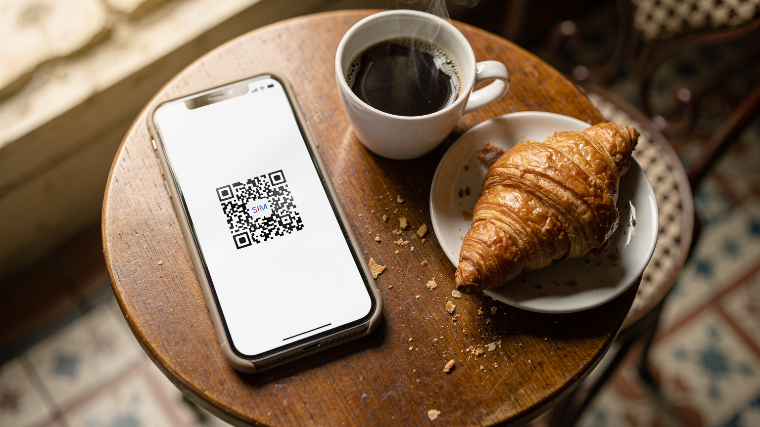 Un smartphone affichant l'écran de configuration d'une eSIM avec un QR code, posé sur une petite table ronde en bois dans un café parisien typique, avec une tasse de café fumant et un croissant à côté, reflétant la facilité d'activation.
