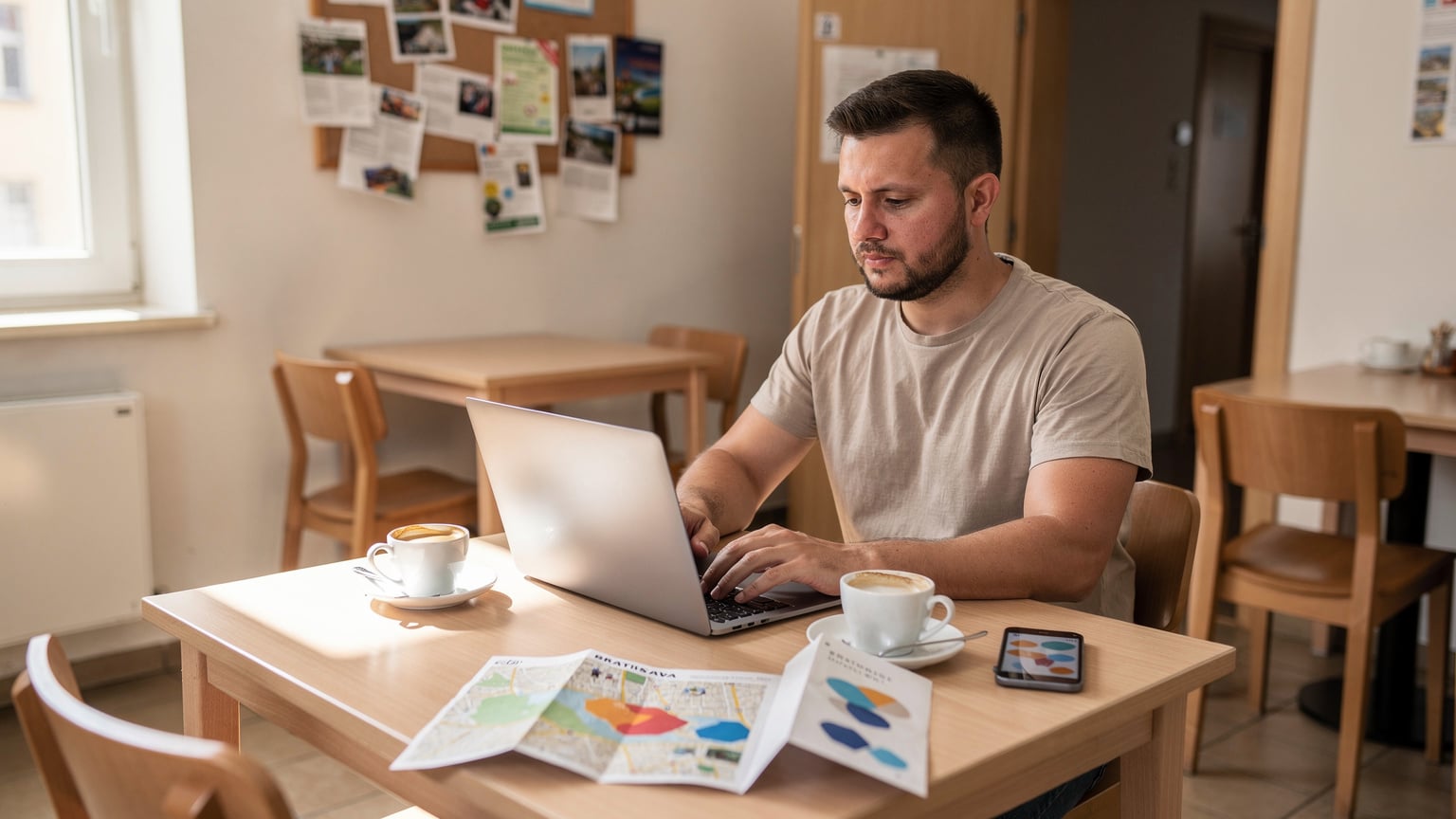 Muž v hostelu (typický pro východní Evropu s jednoduchým, čistým designem) sedí u stolu s notebookem a mobilním telefonem, na kterém je otevřená aplikace Cellesim pro správu eSIM. Na stole je hrnek kávy a mapa Bratislavy.