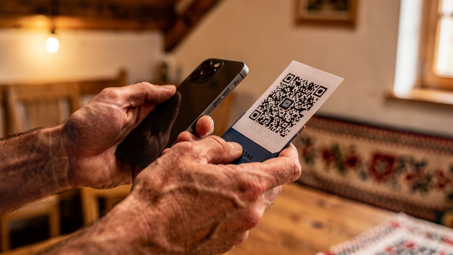 Detailní záběr rukou držících mobilní telefon, který zobrazuje proces aktivace eSIM karty pomocí QR kódu, s rozostřeným pozadím typického slovenského interiéru s dřevěnými prvky.