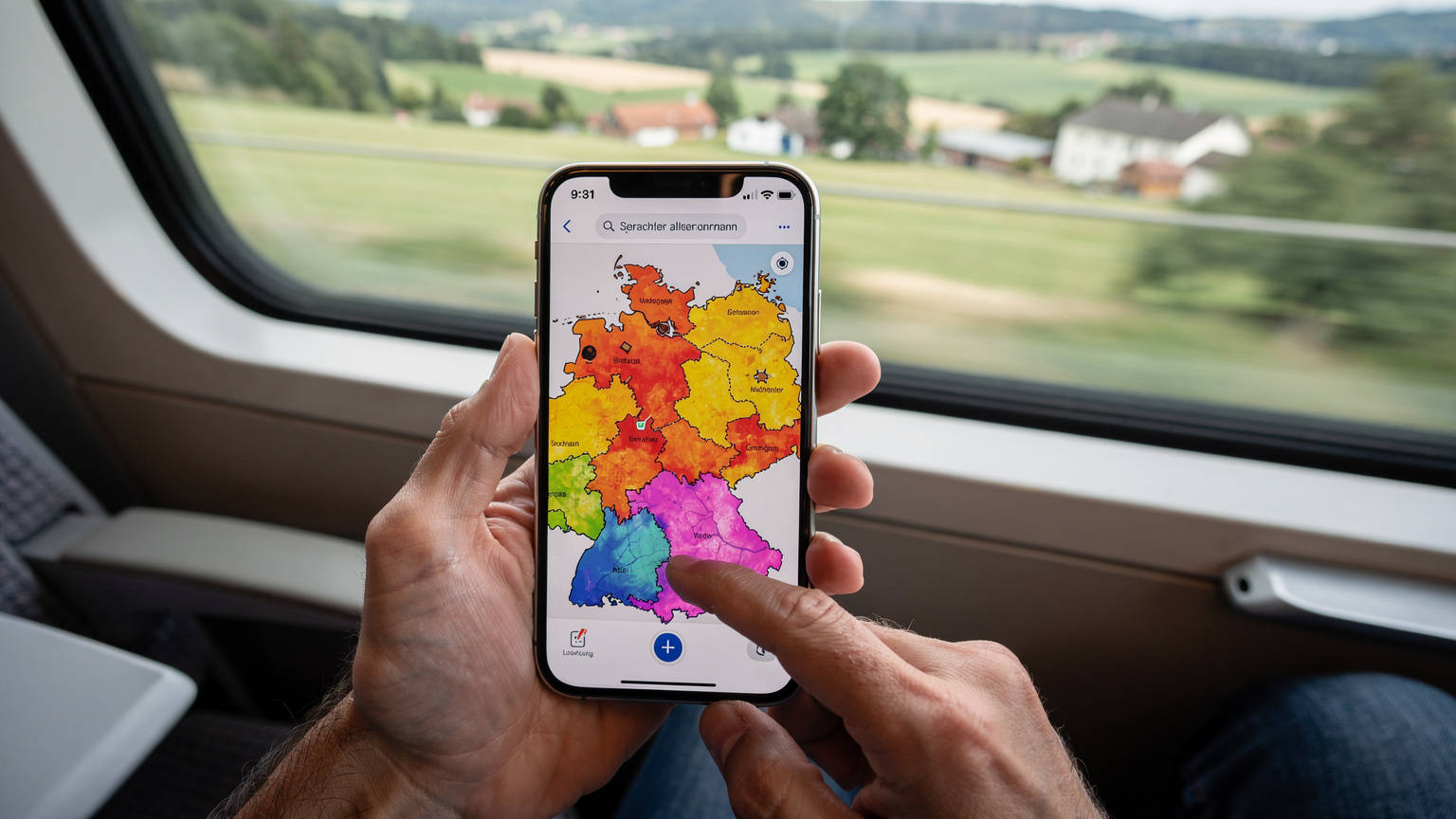 Ein Detailfoto zeigt eine Hand, die auf einem Smartphone-Bildschirm eine Netzabdeckungskarte von Deutschland vergrößert, während ein ICE im Hintergrund vorbeifährt, was die Relevanz der Konnektivität unterwegs unterstreicht.