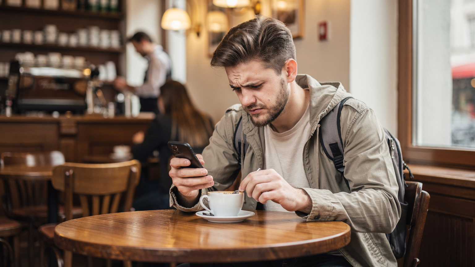 Ein Reisender sitzt in einem voll besetzten deutschen Café und versucht, eine Verbindung herzustellen oder eine App zu nutzen, mit einem Ausdruck von leichter Frustration, was auf Verbindungsprobleme hindeutet.