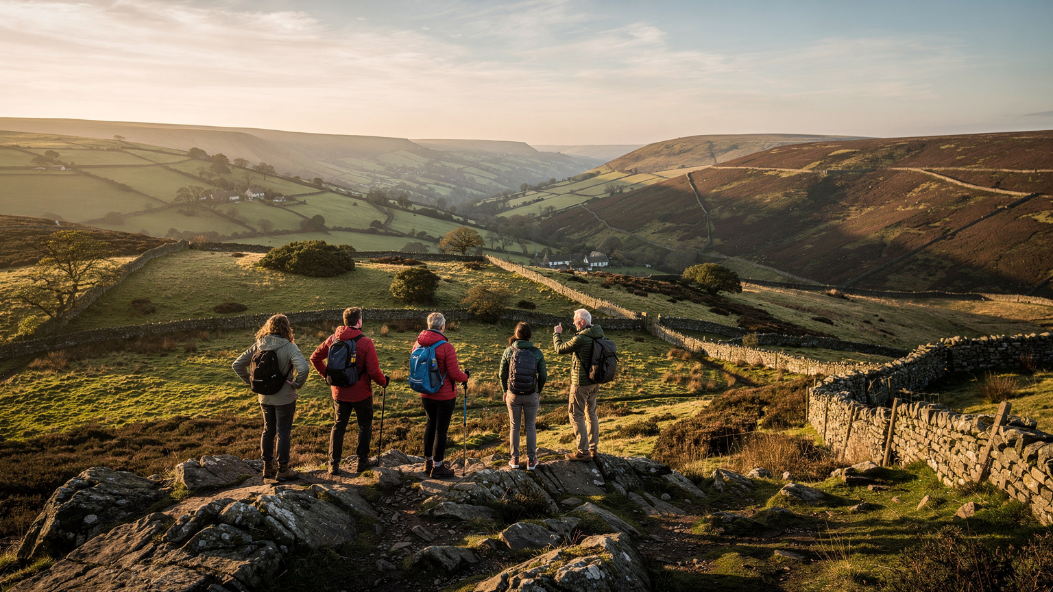 Eine malerische Wandergruppe genießt die Aussicht über ein Tal im Peak District National Park in England, mit sanften Hügeln und weiten Grünflächen im goldenen Licht.