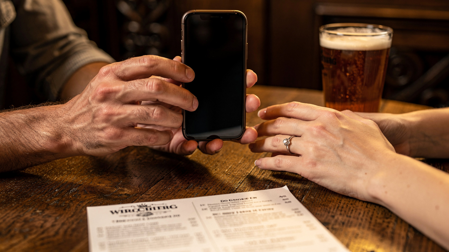 Eine Nahaufnahme zeigt zwei Hände, die ein Smartphone über einem Tisch halten, auf dem eine Speisekarte und ein Glas Ale in einem traditionellen britischen Pub liegen.