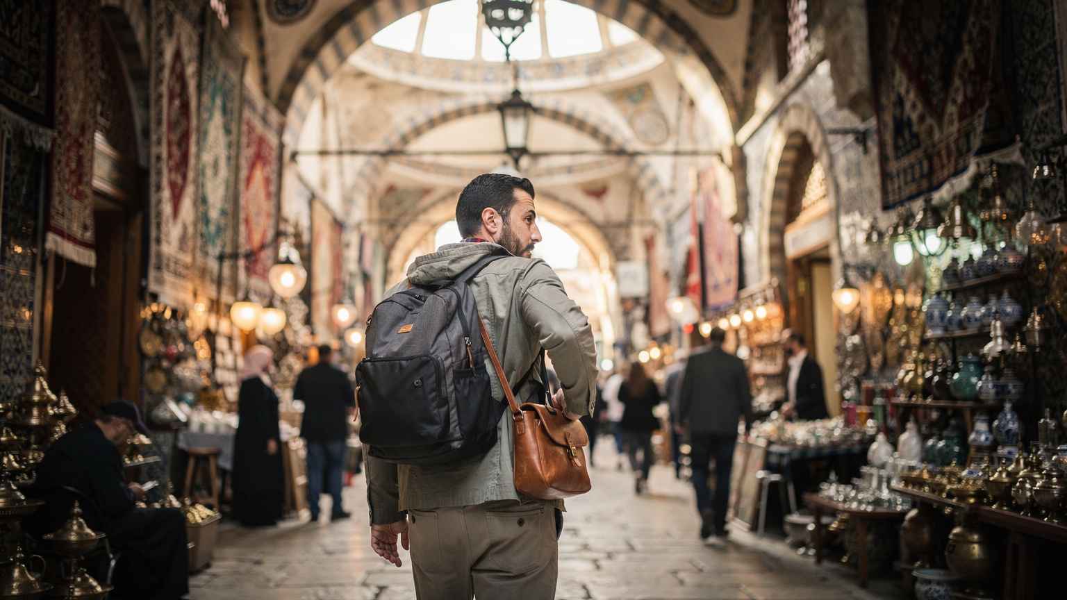 Un viaggiatore attento osserva la folla al Gran Bazar di Istanbul, mantenendo la borsa ben salda e lo smartphone discretamente riposto. Un esempio di attenzione preventiva in un luogo affollato.