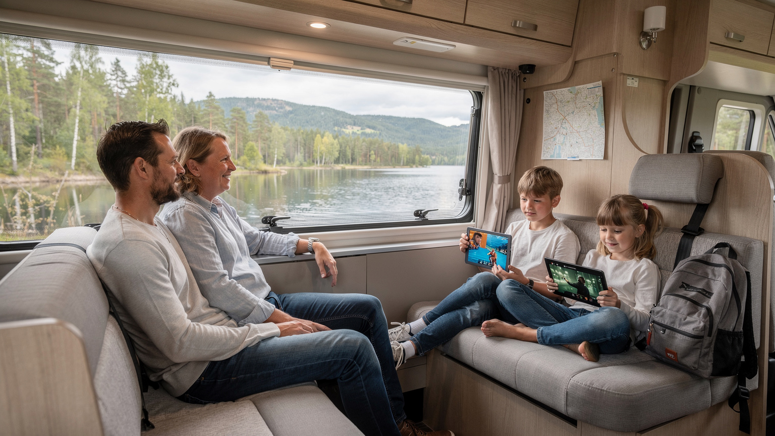 Een gezin zit ontspannen in een camper, de ouders kijken uit het raam naar een schilderachtig meer, terwijl de twee kinderen op de achterbank elk een tablet vasthouden en een film kijken.