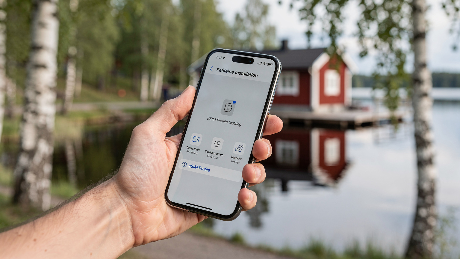 Een hand houdt een smartphone vast met het eSIM installatiescherm zichtbaar, op de achtergrond een traditioneel rood houten huisje aan een kalm meer in Zweden, omringd door berkenbomen.