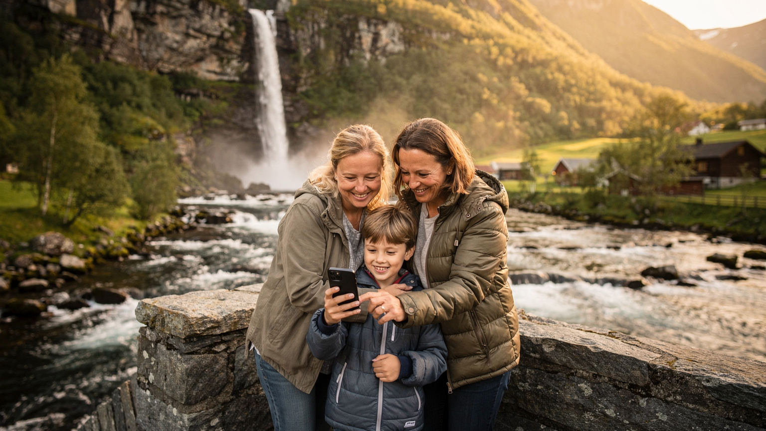 Een gezin van drie, vader, moeder en een kind, glimlacht terwijl ze een smartphone gebruiken om een route te controleren op een pittoreske brug met een waterval in Noorwegen op de achtergrond.