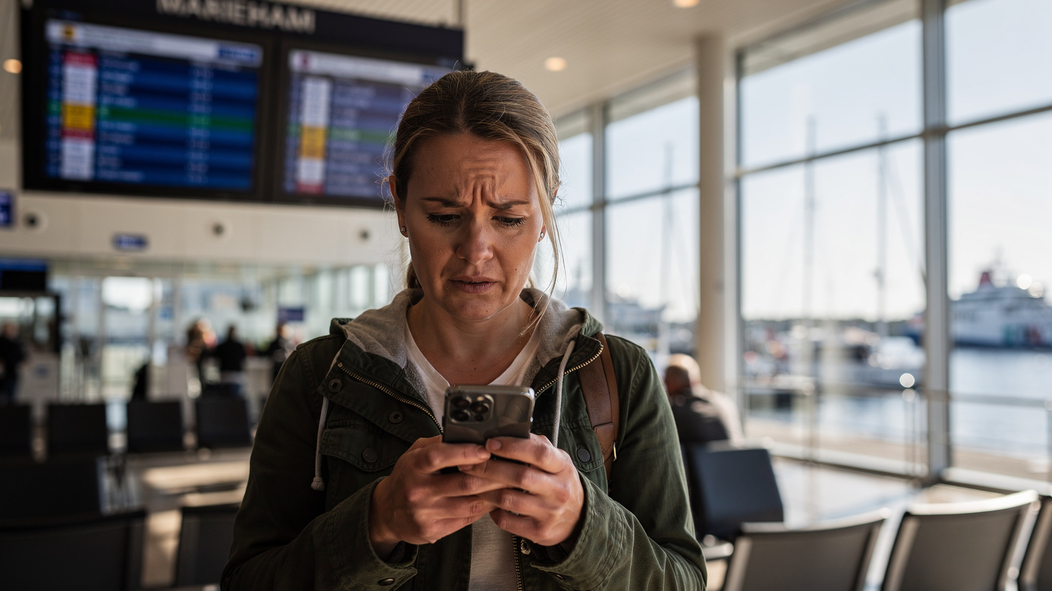 A female traveler at a ferry terminal in Mariehamn, looking with a slightly concerned expression at her smartphone screen, which displays a network error message.