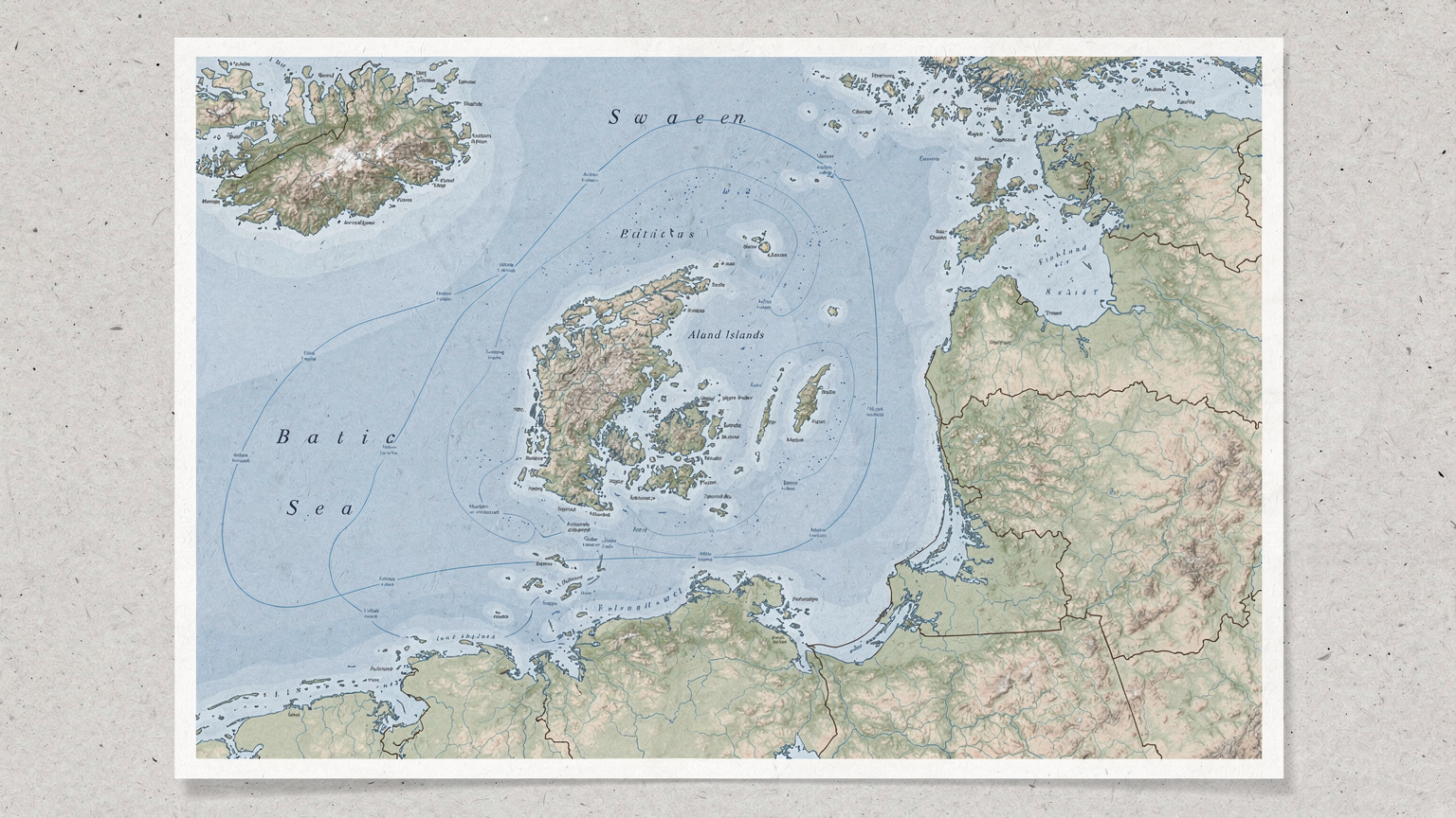 An illustrative map showing the geographical position of the Aland Islands in the Baltic Sea, between Finland and Sweden, with its autonomous borders clearly marked.