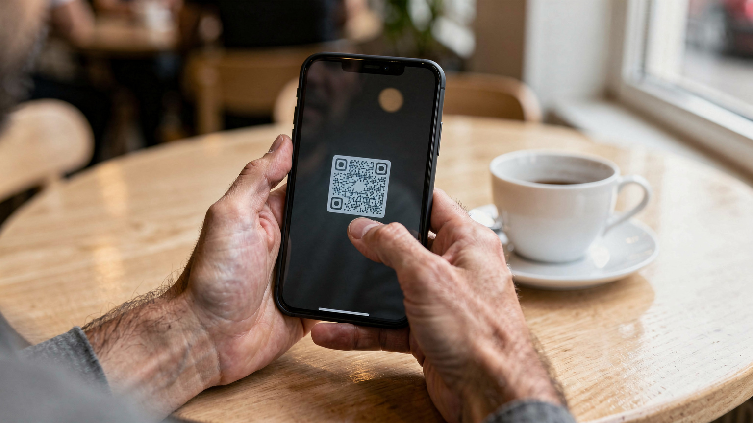 A close-up shot of a pair of human hands holding a modern smartphone, with one finger gently tapping the screen to initiate an eSIM QR code scan in a bright cafe.