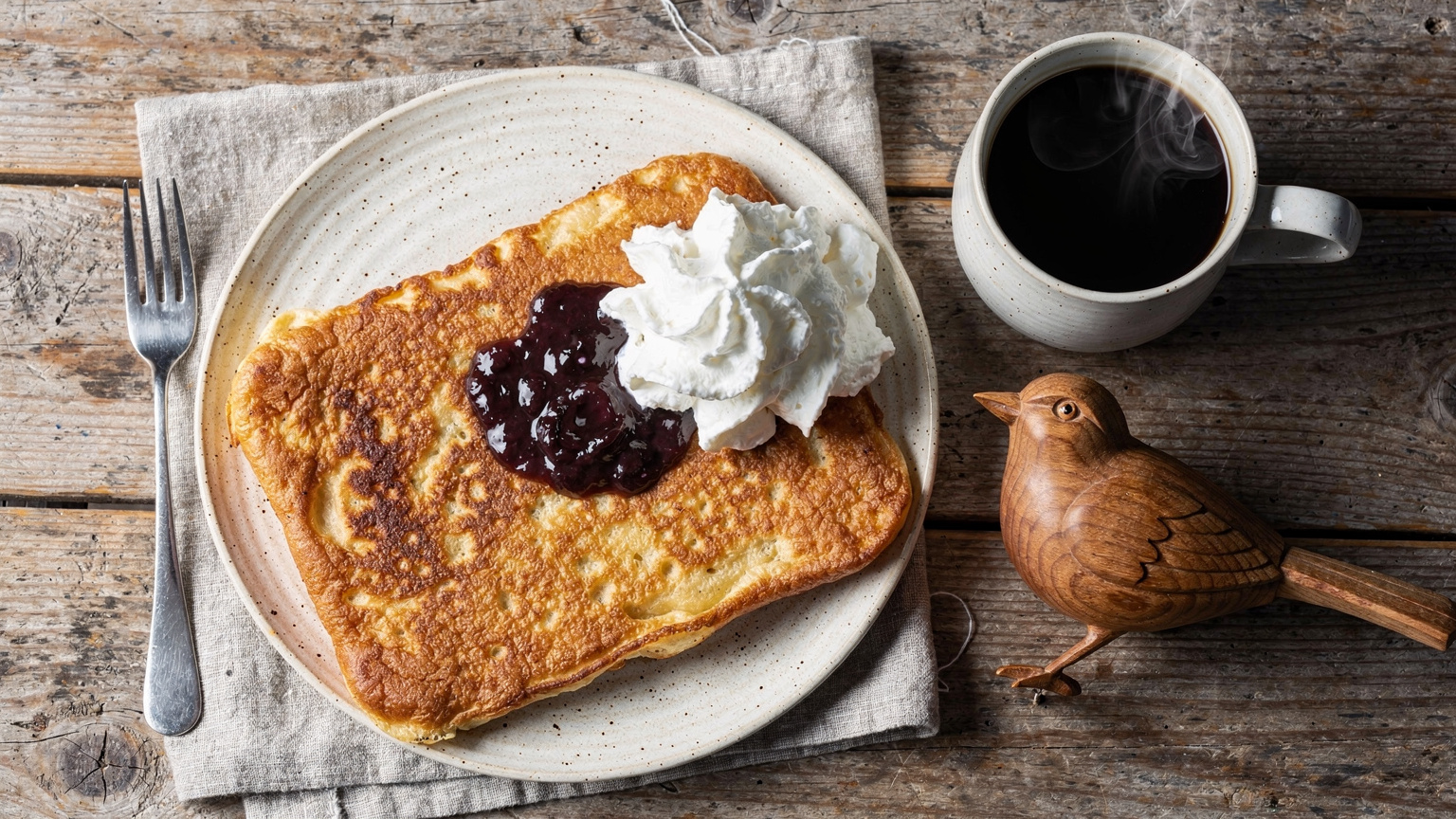 An overhead flat-lay shot of a traditional Alandspannkaka served with prune jam and whipped cream, accompanied by a cup of coffee and a small, locally crafted wooden item on a rustic wooden table.