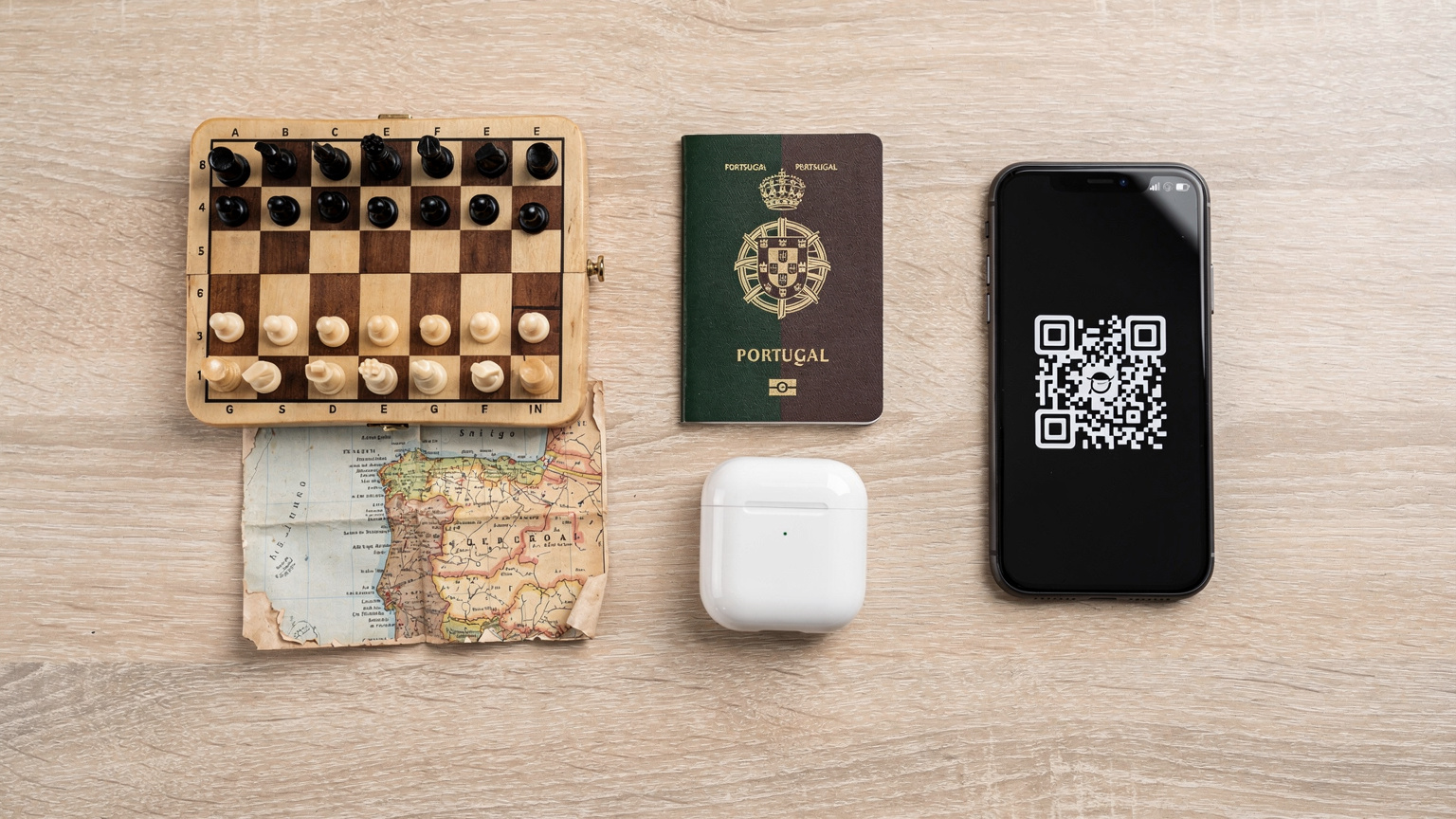 Uma vista aérea de um tabuleiro de xadrez de viagem, um mapa de Portugal, um passaporte português, um smartphone com um QR code na tela e alguns fones de ouvido sem fio, tudo disposto de forma organizada sobre uma mesa de madeira clara.