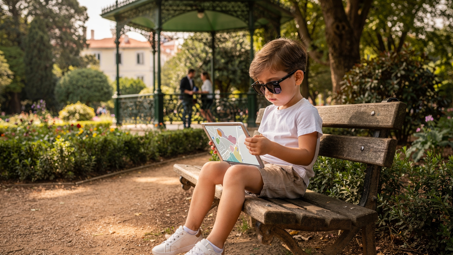 Uma criança pequena, de cerca de 6 anos, com óculos de sol, olhando para um mapa offline em um tablet em um banco de jardim no Jardim da Estrela, em Lisboa, com os pais visíveis ao fundo, distraídos mas atentos.