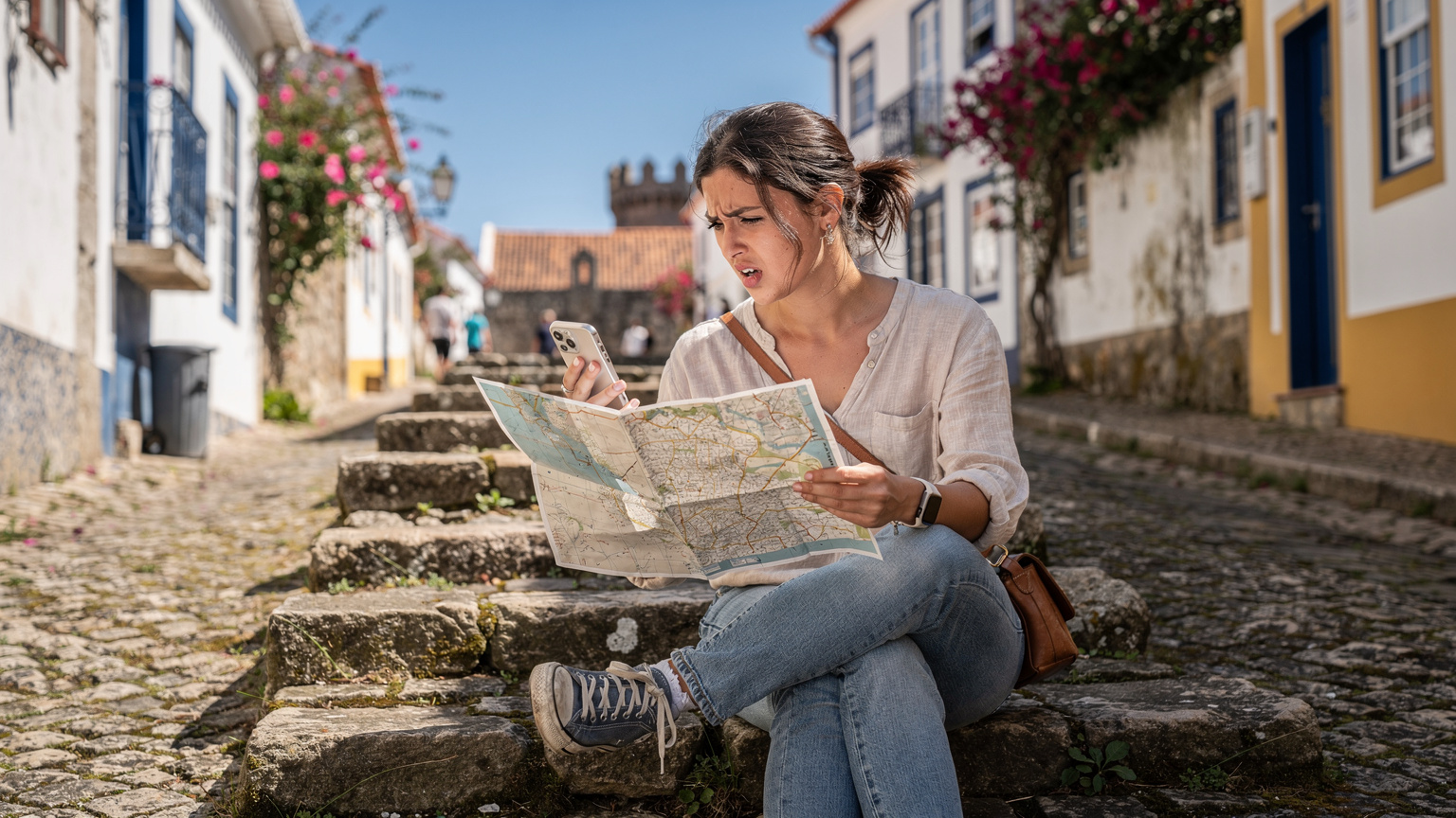 Uma mulher jovem, com cerca de 30 anos, sentada em uma escadaria de pedra rústica em Óbidos, Portugal, com seu telefone em uma das mãos e um mapa de papel na outra, consultando a tela com uma expressão de leve confusão.