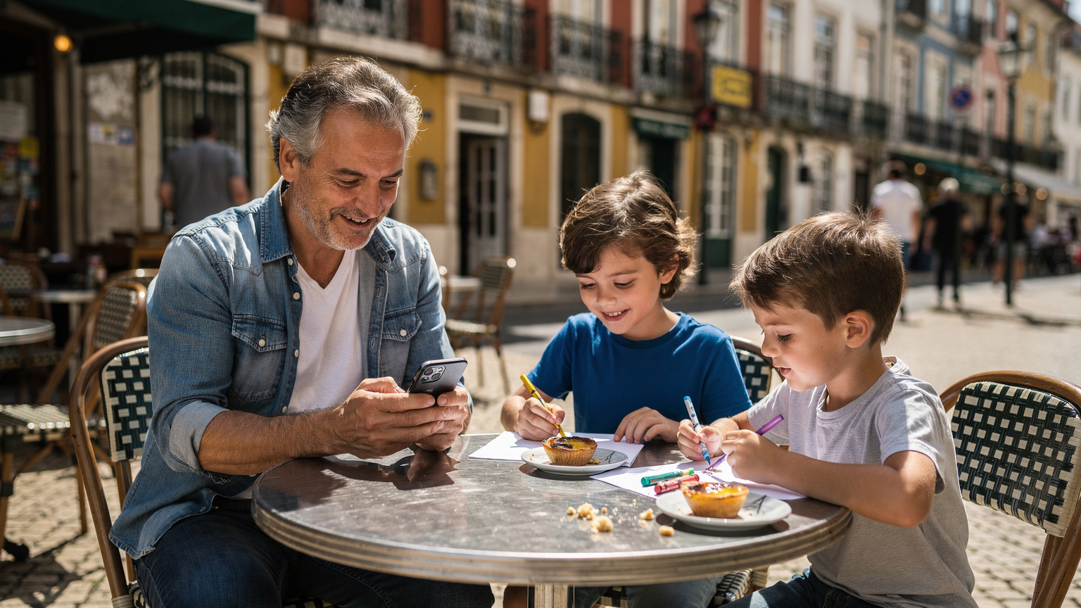 Uma família em um café tradicional em Lisboa, com os pais conferindo o eSIM em seus smartphones enquanto as crianças desenham e comem um pastel de nata.
