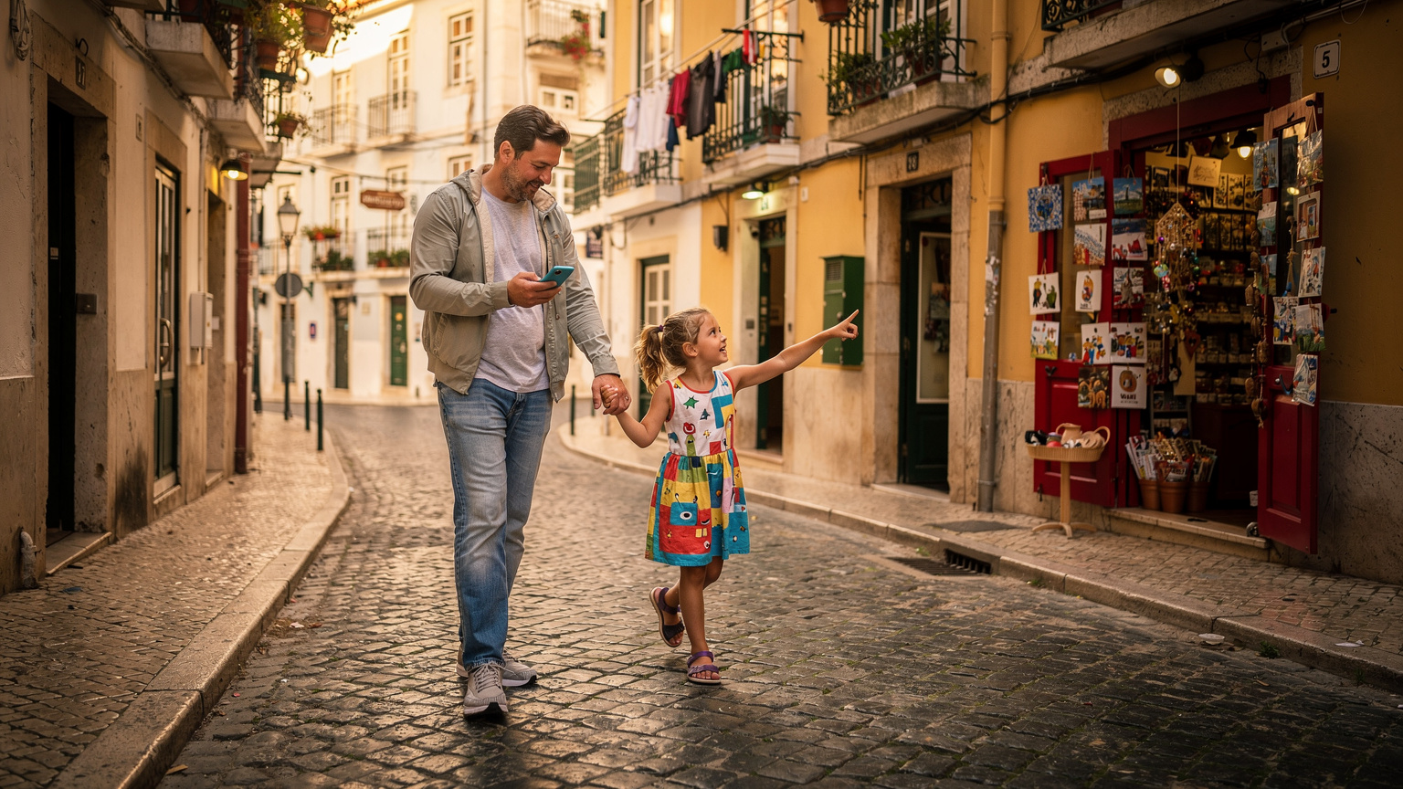Um pai e sua filha, de mãos dadas, andando por uma rua de paralelepípedos em Alfama, Lisboa. O pai está olhando para o telefone, que exibe um aplicativo de mapa, enquanto a filha aponta para uma loja de souvenirs colorida.