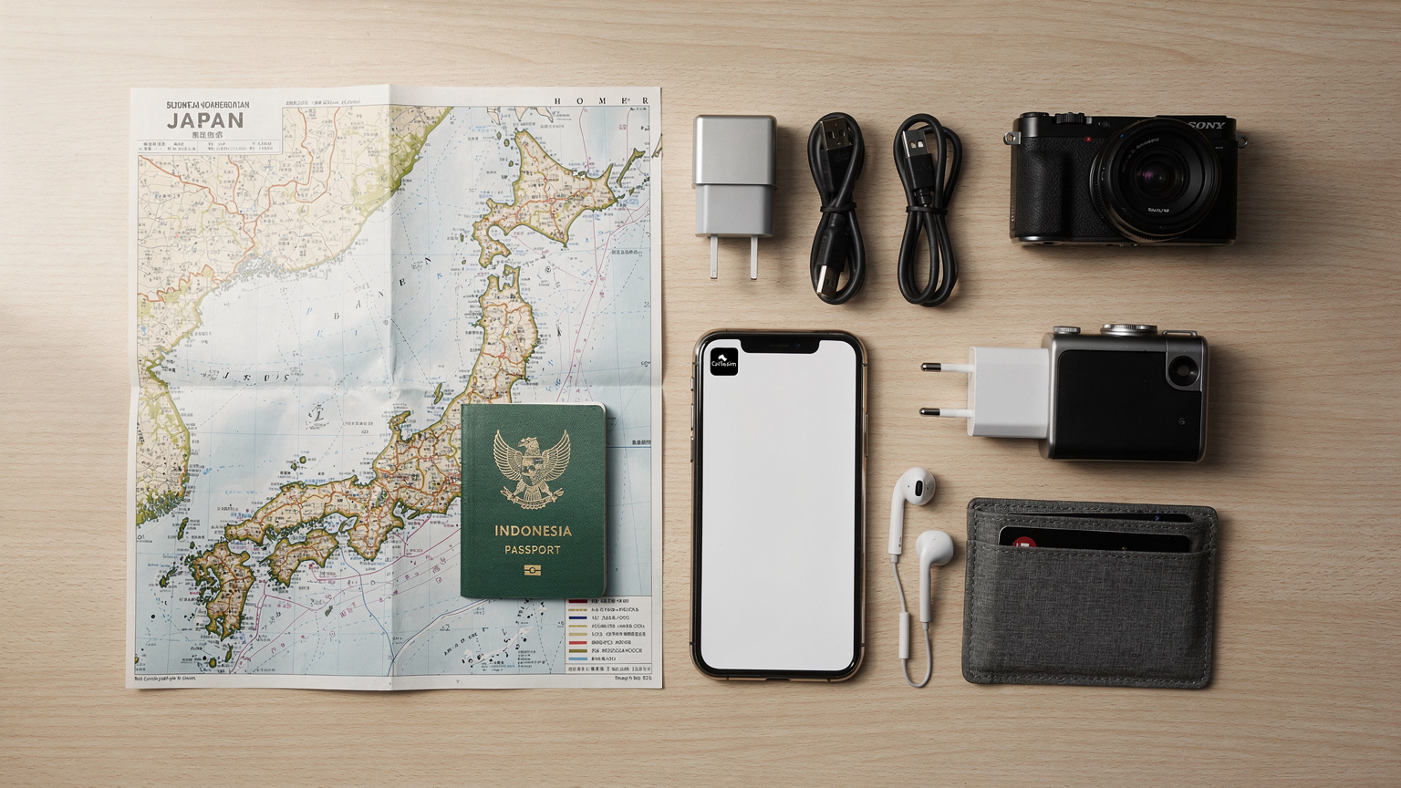 Tampilan overhead flat-lay dari paspor Indonesia, ponsel dengan aplikasi Cellesim terbuka, headphone over-ear, dan peta fisik Jepang yang dilipat, semuanya diletakkan rapi di atas meja kayu, menunjukkan persiapan perjalanan yang matang.