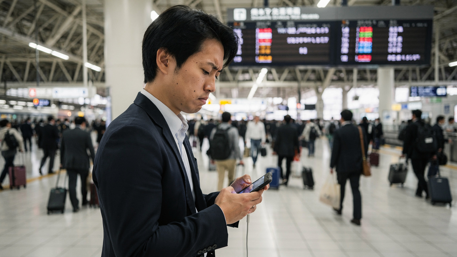 Seorang bapak muda dengan ekspresi cemas melihat ponselnya yang menunjukkan sinyal lemah, di tengah keramaian stasiun Shinagawa di Tokyo, Jepang, dengan latar belakang papan jadwal kereta yang padat dan orang-orang berlalu lalang.