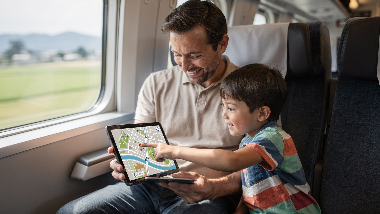 Seorang ayah tersenyum sambil memegang tablet yang menampilkan peta offline dari Osaka, Jepang, di sebuah kereta cepat Shinkansen, sementara anaknya yang berusia sekitar 6 tahun menunjukkan tempat wisata di peta tersebut dengan jari kecilnya.
