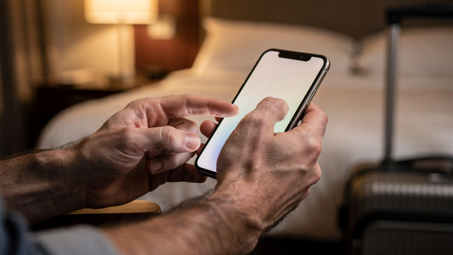 A parent's hands tapping through the cellular settings on an iPhone, with a blurred hotel room in the background.