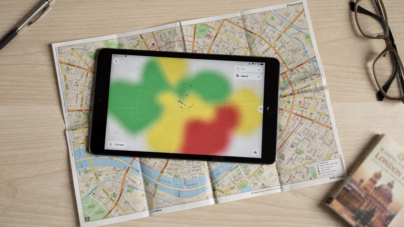 Un mapa de cobertura móvil superpuesto sobre un mapa de Londres, con diferentes colores que representan la intensidad de la señal de los operadores principales, mostrando zonas de alta y baja cobertura.