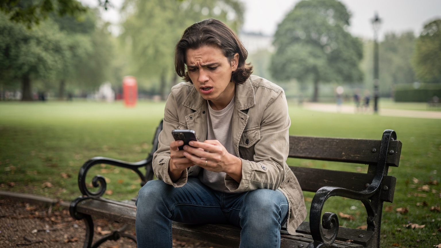 Una persona sentada en un banco de Hyde Park en Londres, mirando su teléfono con una expresión de ligera frustración o preocupación, posiblemente debido a problemas de conectividad o agotamiento de datos.