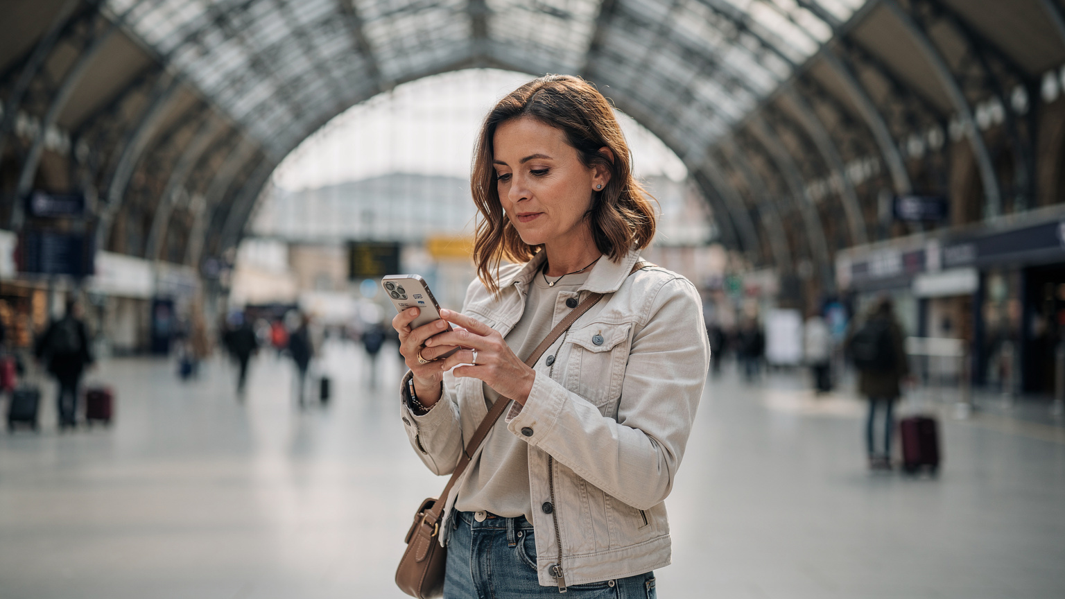 Una viajera revisa los detalles de su eSIM en su teléfono móvil mientras espera un tren en la estación de King's Cross en Londres, con el telón de fondo de la icónica estructura de techo de la estación.