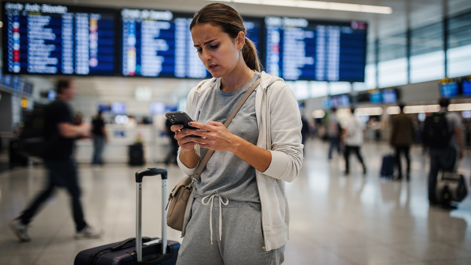 A traveler at a busy airport terminal looks worriedly at their phone, trying to connect to Wi-Fi or understand a complex roaming plan, with departure boards in the background.