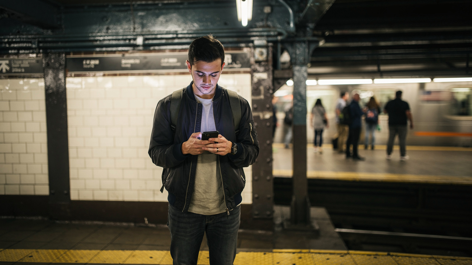 A person standing in a bustling New York City subway station, looking down at their phone with a calm expression, successfully navigating the MTA system using a map app.