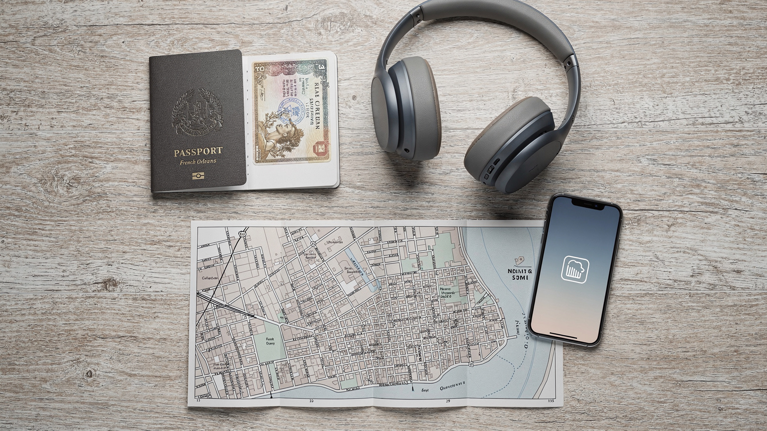 An editorial overhead flat-lay of travel essentials: a passport, a smartphone with an eSIM icon visible, noise-canceling headphones, and a detailed paper map of a US city like New Orleans, all on a light wooden table.