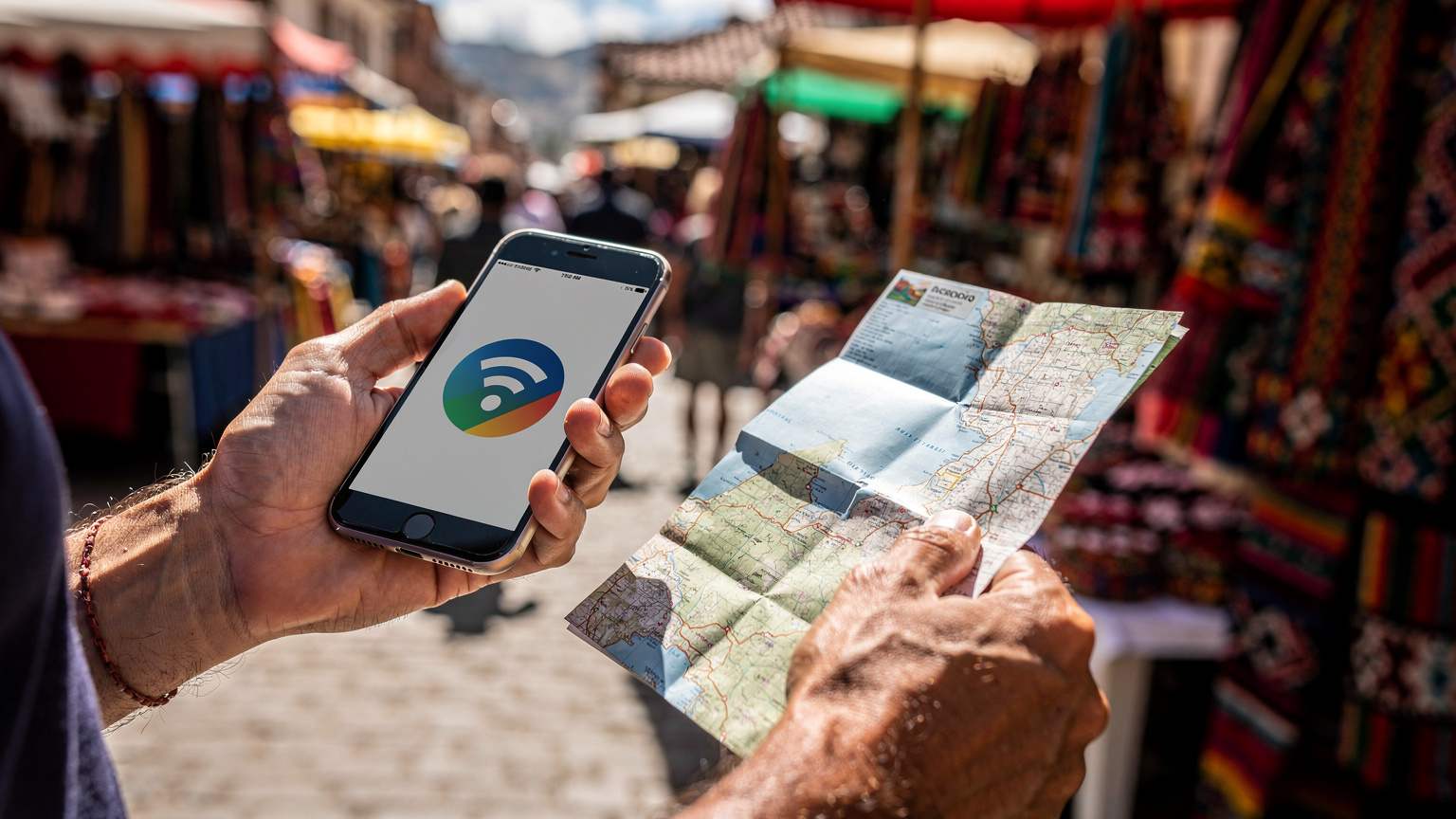 Mão segurando um smartphone com um ícone de erro de conexão, enquanto a outra mão segura um mapa físico do Equador, mostrando frustração em uma rua movimentada de Otavalo, Equador.