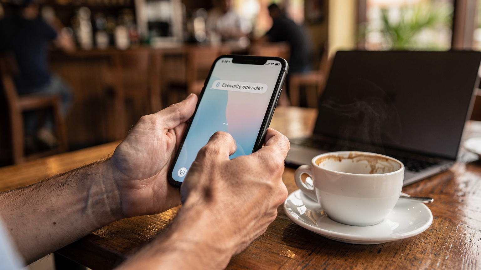 Mãos de uma pessoa segurando um smartphone, mostrando uma notificação de código de segurança (OTP) de banco, em uma mesa de café em Guayaquil, Equador, com um copo de café e um laptop em segundo plano.